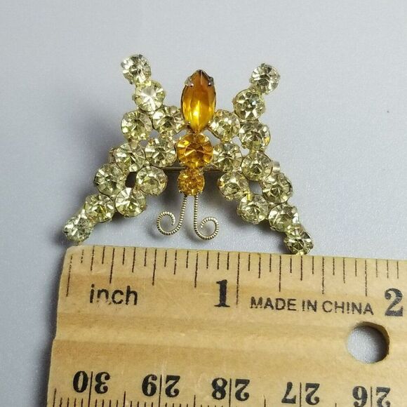 Vintage Orange and Yellow Rhinestone Butterfly Brooch, Prong Set, Insect Wings - Picture 4 of 6
